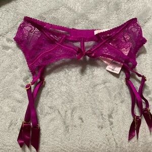 Agent Provocateur Fuchsia Lace Garter Thong with Gold Hardware